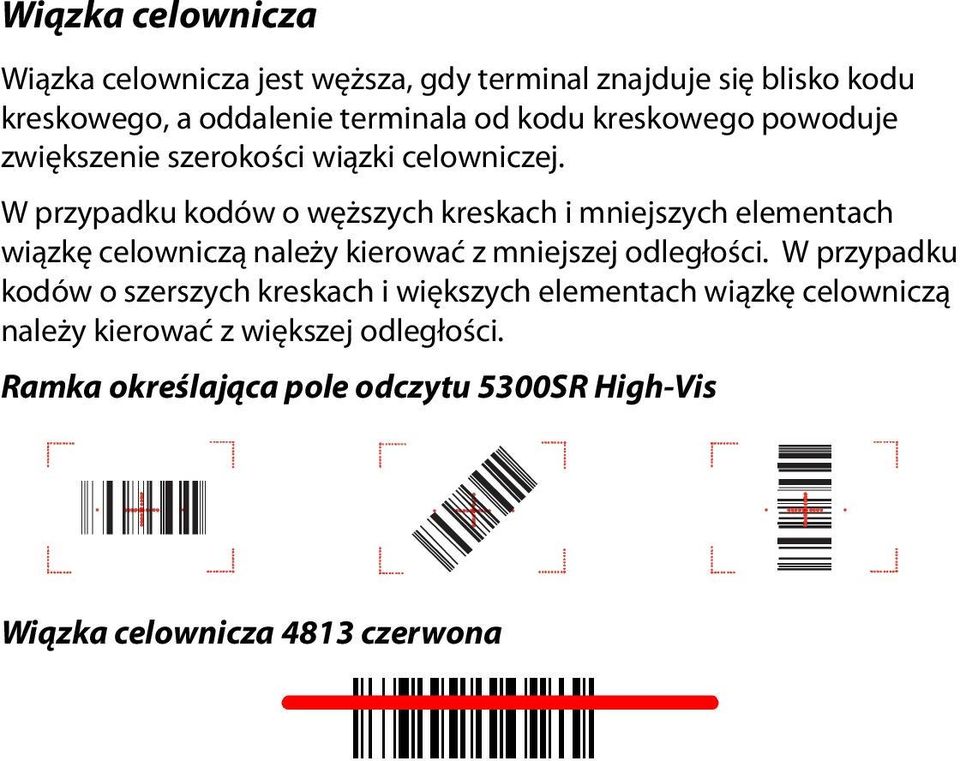 W przypadku kodów o węższych kreskach i mniejszych elementach wiązkę celowniczą należy kierować z mniejszej odległości.