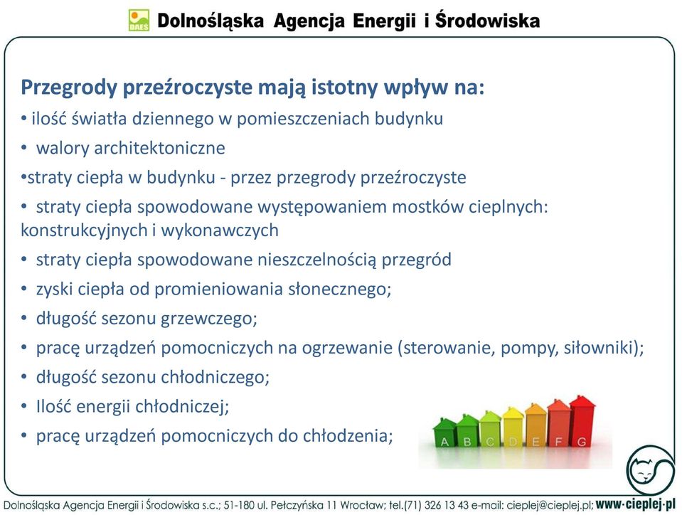 ciepła spowodowane nieszczelnością przegród zyski ciepła od promieniowania słonecznego; długość sezonu grzewczego; pracę urządzeń