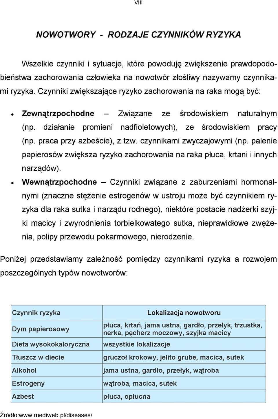 praca przy azbeście), z tzw. czynnikami zwyczajowymi (np. palenie papierosów zwiększa ryzyko zachorowania na raka płuca, krtani i innych narządów).