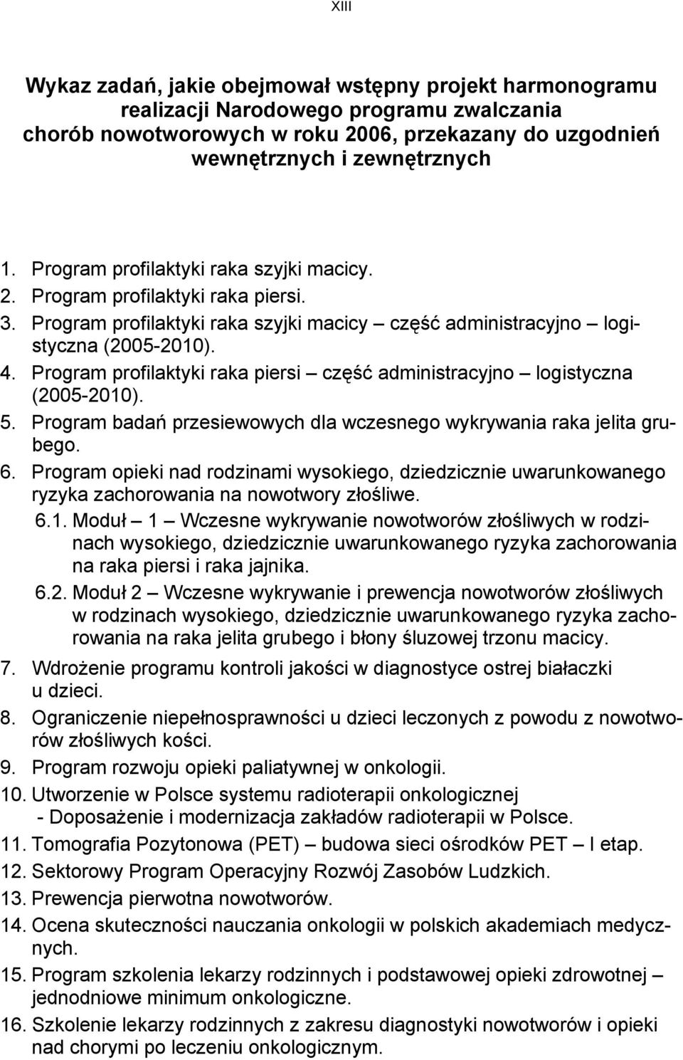 Program profilaktyki raka piersi część administracyjno logistyczna (2005-2010). 5. Program badań przesiewowych dla wczesnego wykrywania raka jelita grubego. 6.