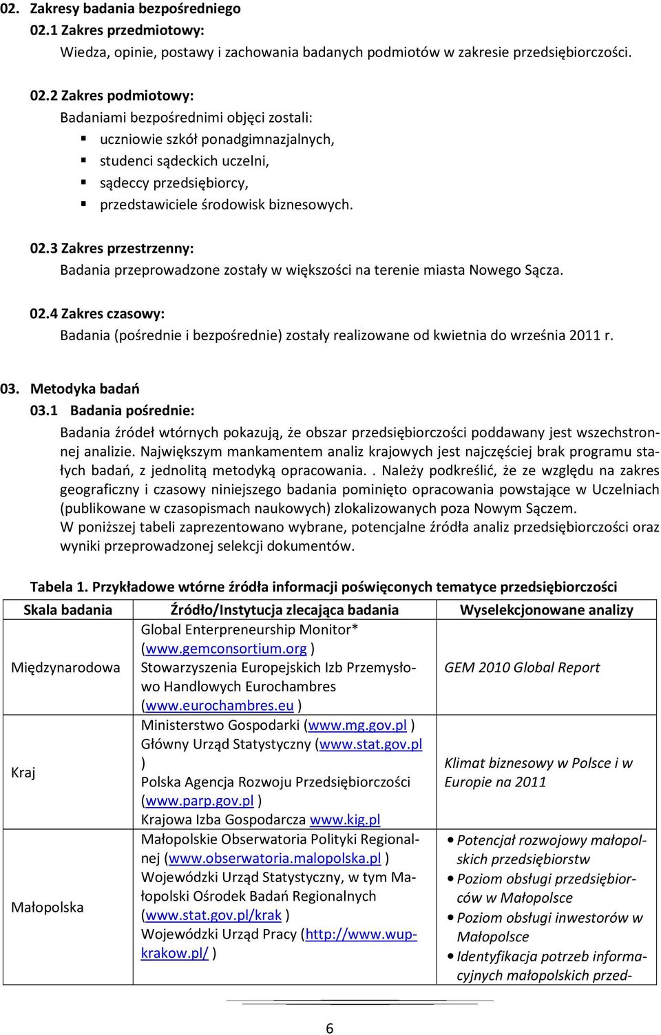 2 Zakres podmiotowy: Badaniami bezpośrednimi objęci zostali: uczniowie szkół ponadgimnazjalnych, studenci sądeckich uczelni, sądeccy przedsiębiorcy, przedstawiciele środowisk biznesowych. 02.