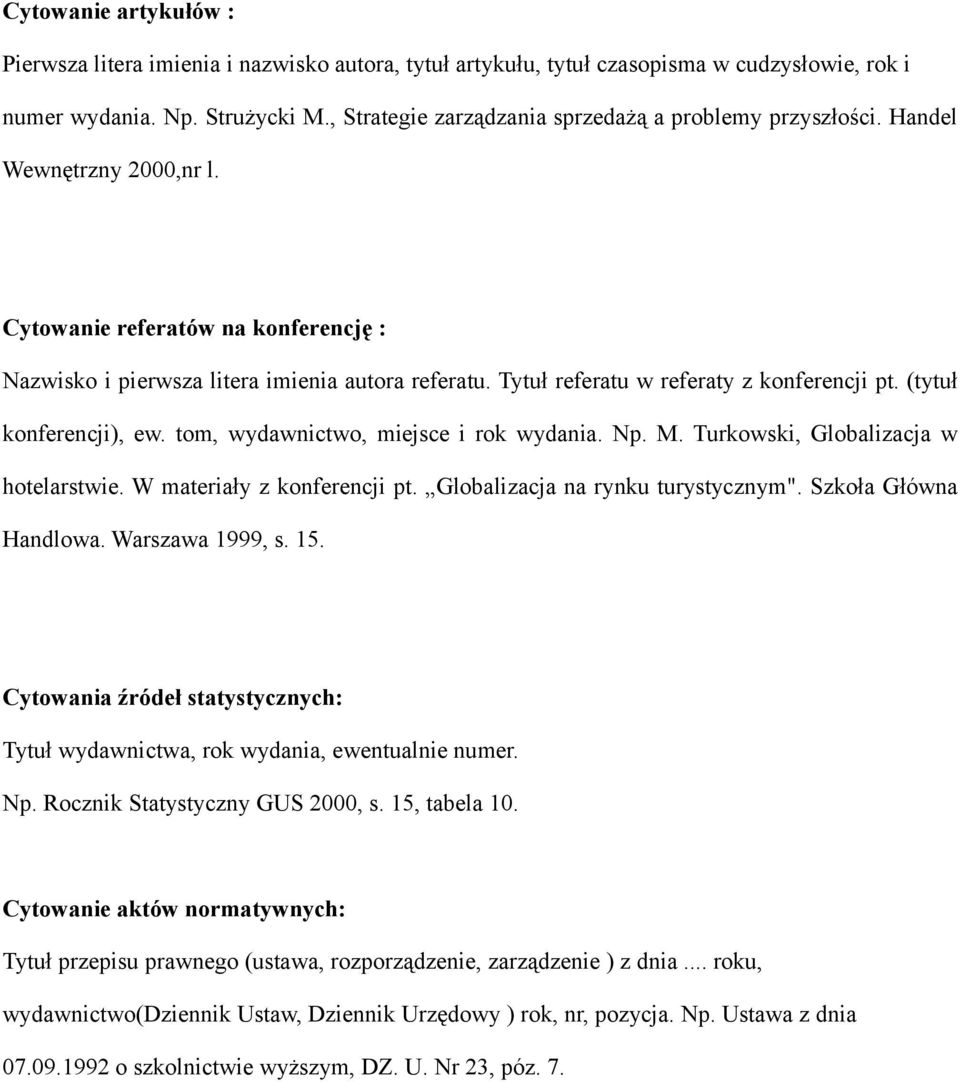 Tytuł referatu w referaty z konferencji pt. (tytuł konferencji), ew. tom, wydawnictwo, miejsce i rok wydania. Np. M. Turkowski, Globalizacja w hotelarstwie. W materiały z konferencji pt.