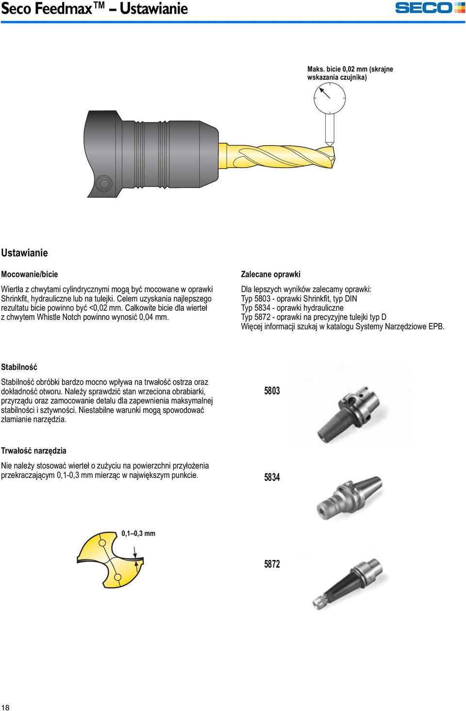 Celem uzyskania najlepszego rezultatu bicie powinno być <0,02 mm. Całkowite bicie dla wierteł z chwytem Whistle Notch powinno wynosić 0,04 mm.