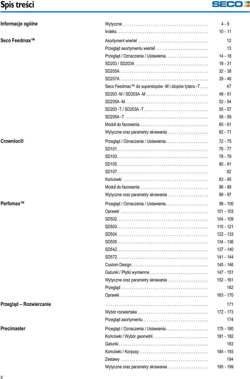 ........................................ 32-38 SD207A......................................... 39-46 Seco Feedmax do superstopów -M i stopów tytanu -T.... 47 SD203 -M / SD203A -M............................. 48-51 SD205A -M.