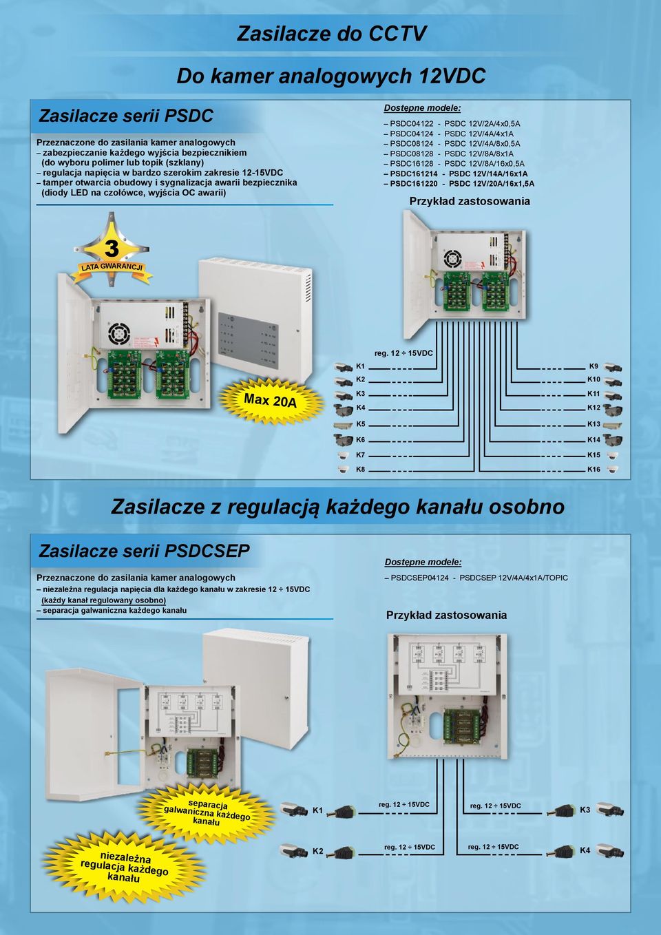 (szklany) regulacja napięcia w bardzo szerokim zakresie 1215VDC tamper otwarcia obudowy i sygnalizacja awarii bezpiecznika (diody LED na czołówce, wyjścia OC awarii) 3 reg.