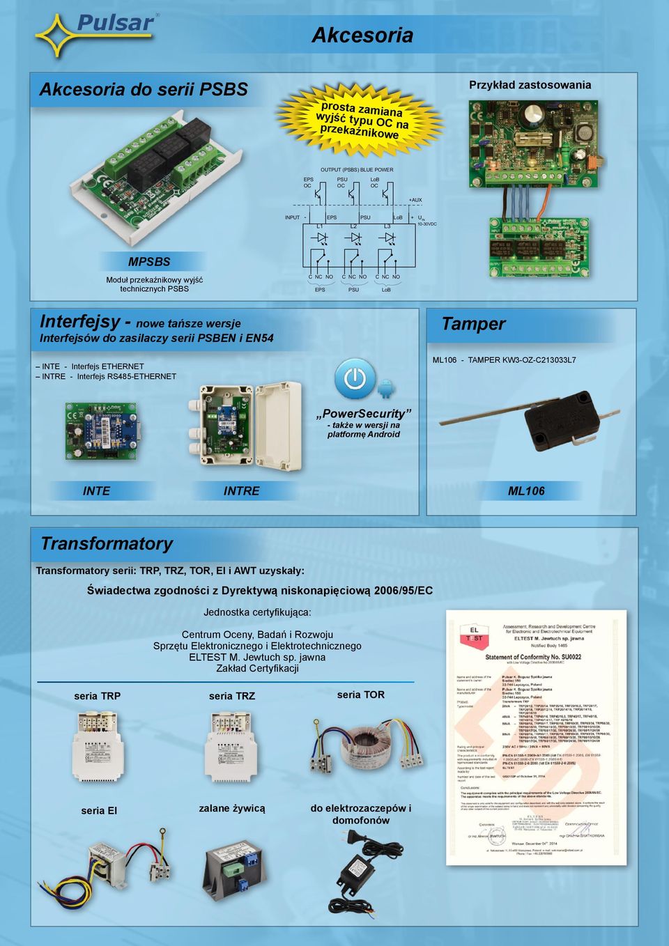 ML106 TAMPER KW3OZC213033L7 PowerSecurity także w wersji na platformę Android INTE INTRE ML106 Transformatory Transformatory serii: TRP, TRZ, TOR, EI i AWT uzyskały: Świadectwa zgodności z Dyrektywą