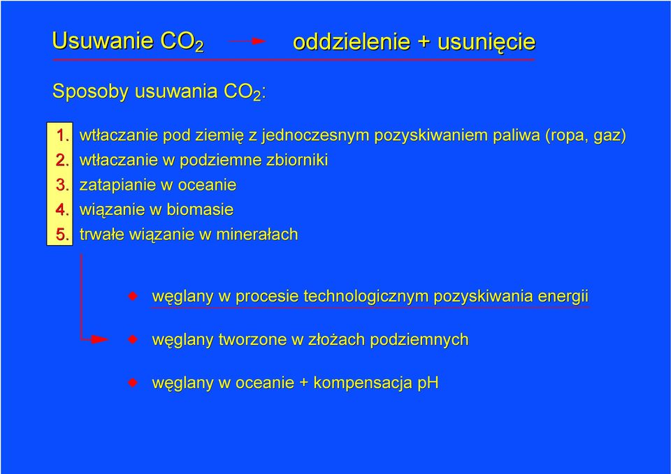 wtłaczanie w podziemne zbiorniki 3. zatapianie w oceanie 4. wiązanie w biomasie 5.