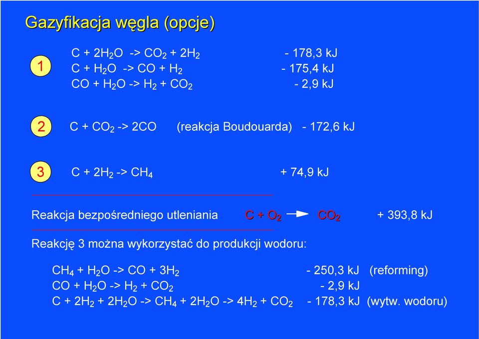 utleniania C + O 2 Reakcję 3 można wykorzystać do produkcji wodoru: CO 2 + 393,8 kj CH 4 + H 2 O -> CO + 3H 2 CO + H