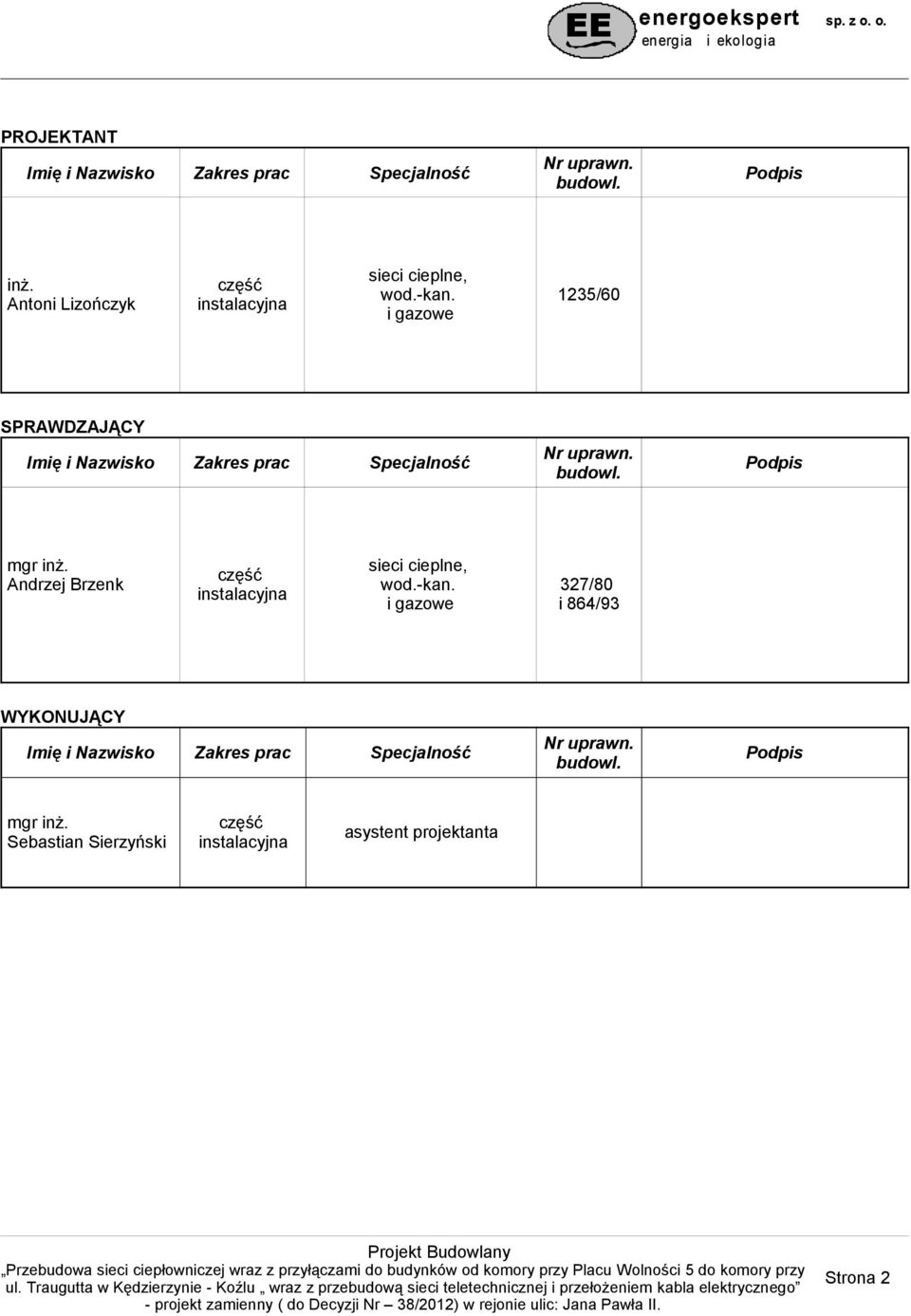 i gazowe 1235/60 SPRAWDZAJĄCY Imię i Nazwisko Zakres prac Specjalność Nr uprawn. budowl. Podpis mgr inż.