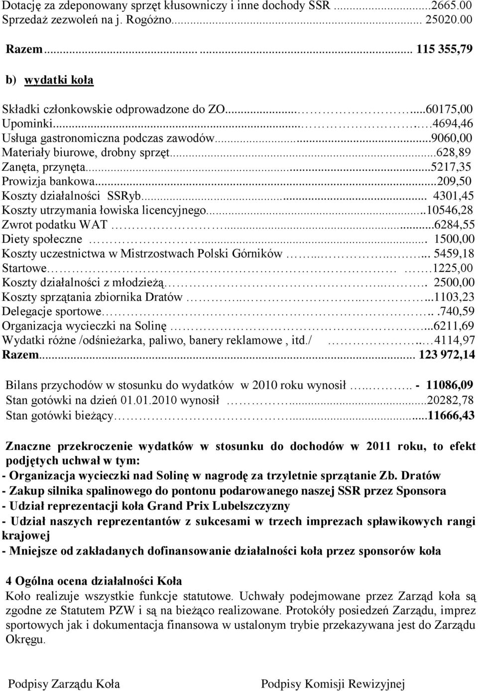 ..209,50 Koszty działalności SSRyb... 4301,45 Koszty utrzymania łowiska licencyjnego...10546,28 Zwrot podatku WAT...6284,55 Diety społeczne.