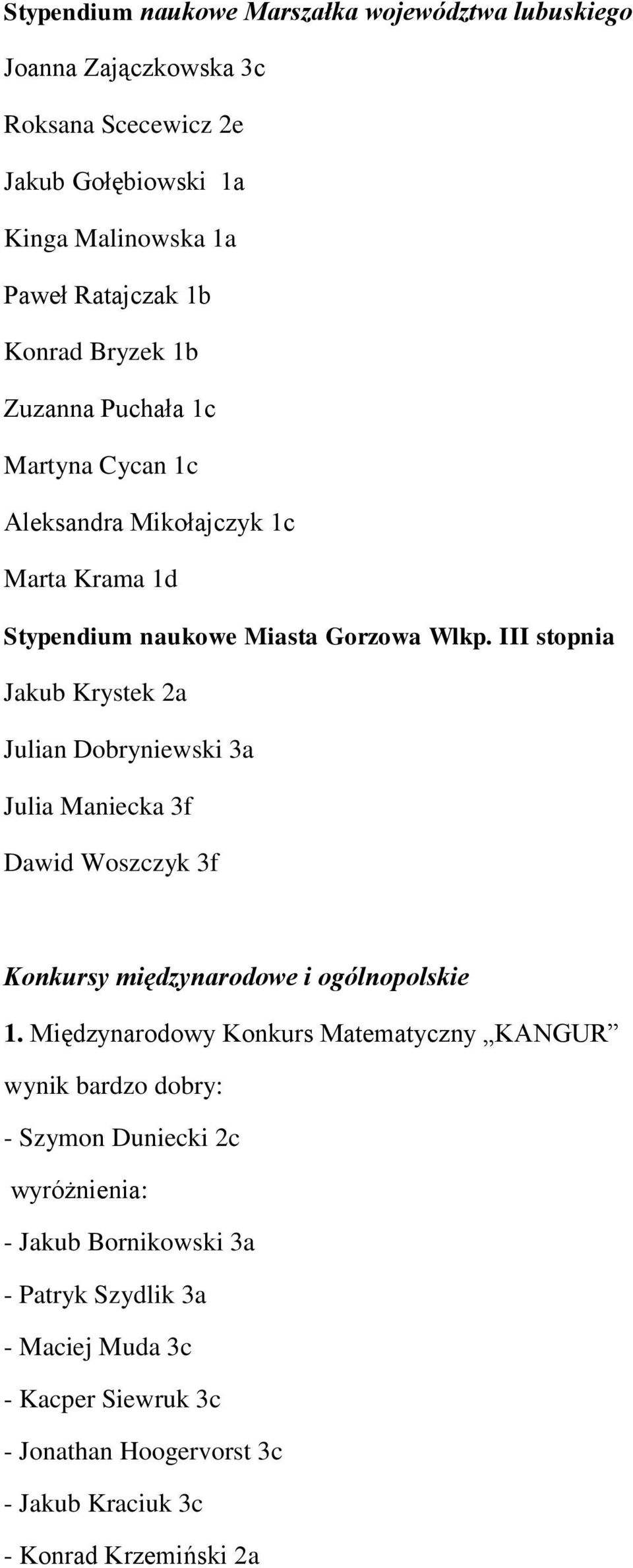 III stopnia Jakub Krystek 2a Julian Dobryniewski 3a Dawid Woszczyk 3f Konkursy międzynarodowe i ogólnopolskie 1.