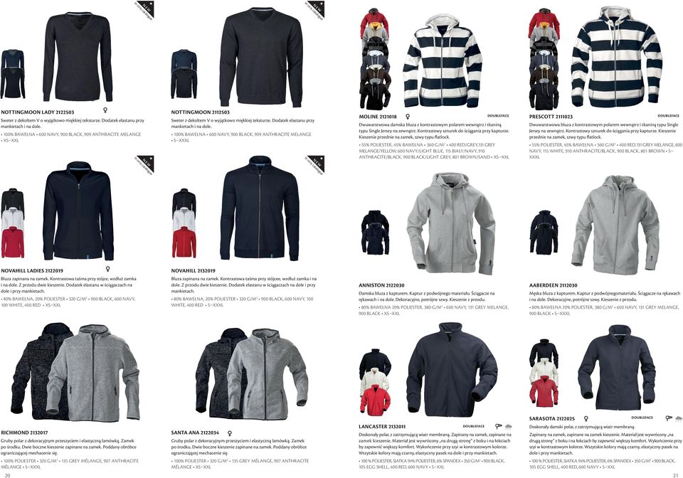 100% BAWEŁNA 600 NAVY, 900 BLACK, 909 ANTHRACITE MELANGE S XXXL MOLINE 2121018 DOUBLEFACE Dwuwarstwowa damska bluza z kontrastowym polarem wewnątrz i tkaniną typu Single Jersey na zewnątrz.