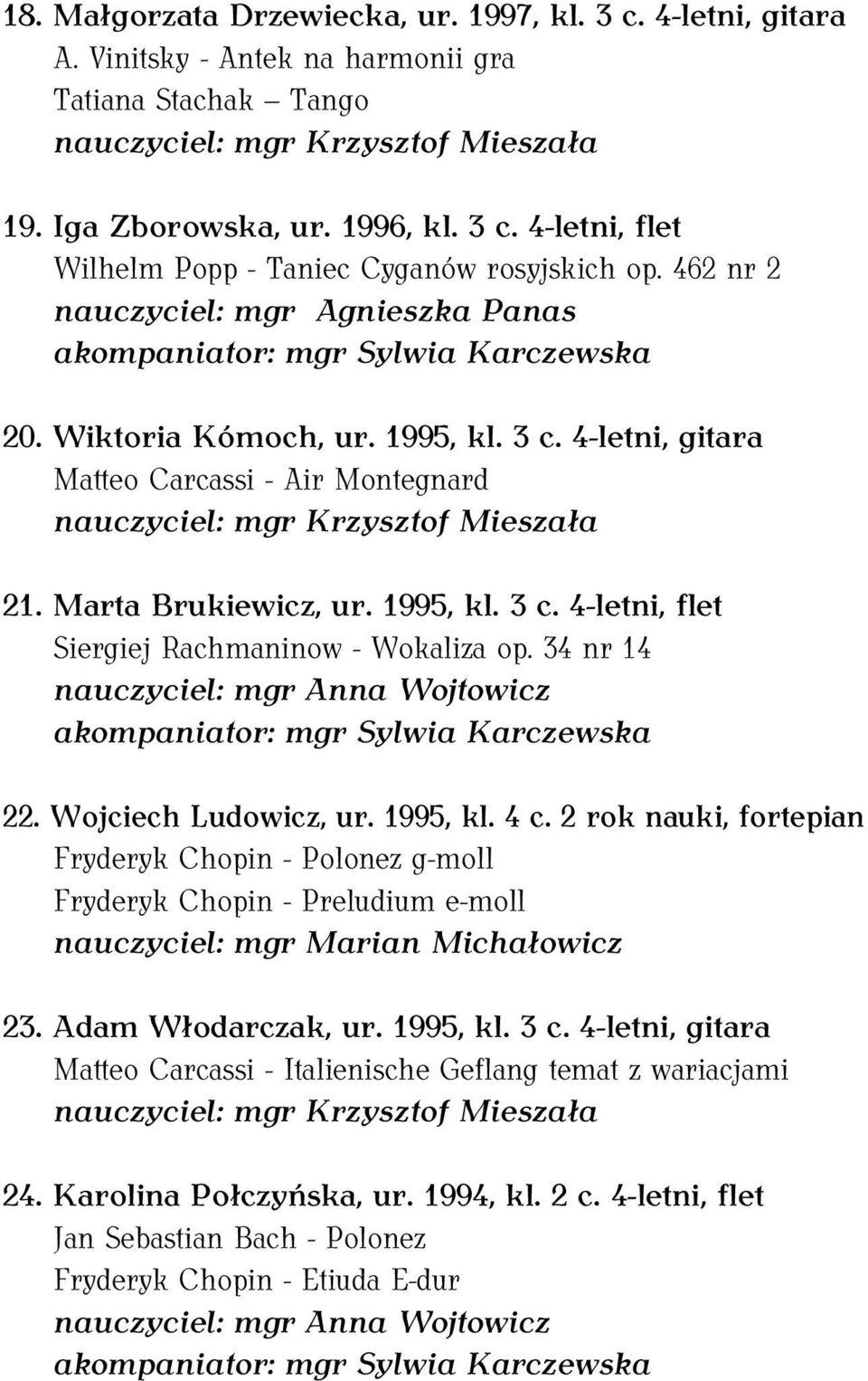 34 nr 14 nauczyciel: mgr Anna Wojtowicz 22. Wojciech Ludowicz, ur. 1995, kl. 4 c.