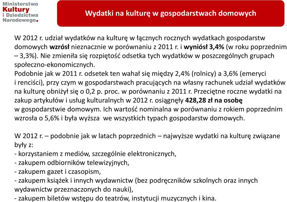 odsetek ten wahał się między 2,4% (rolnicy) a 3,6% (emeryci i renciści), przy czym w gospodarstwach pracujących na własny rachunek udział wydatków na kulturę obniżył się o 0,2 p. proc.