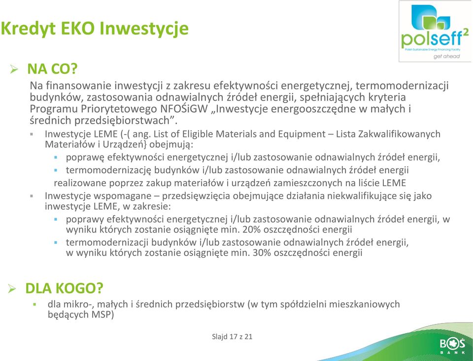Inwestycje energooszczędne w małych i średnich przedsiębiorstwach. Inwestycje LEME (-( ang.