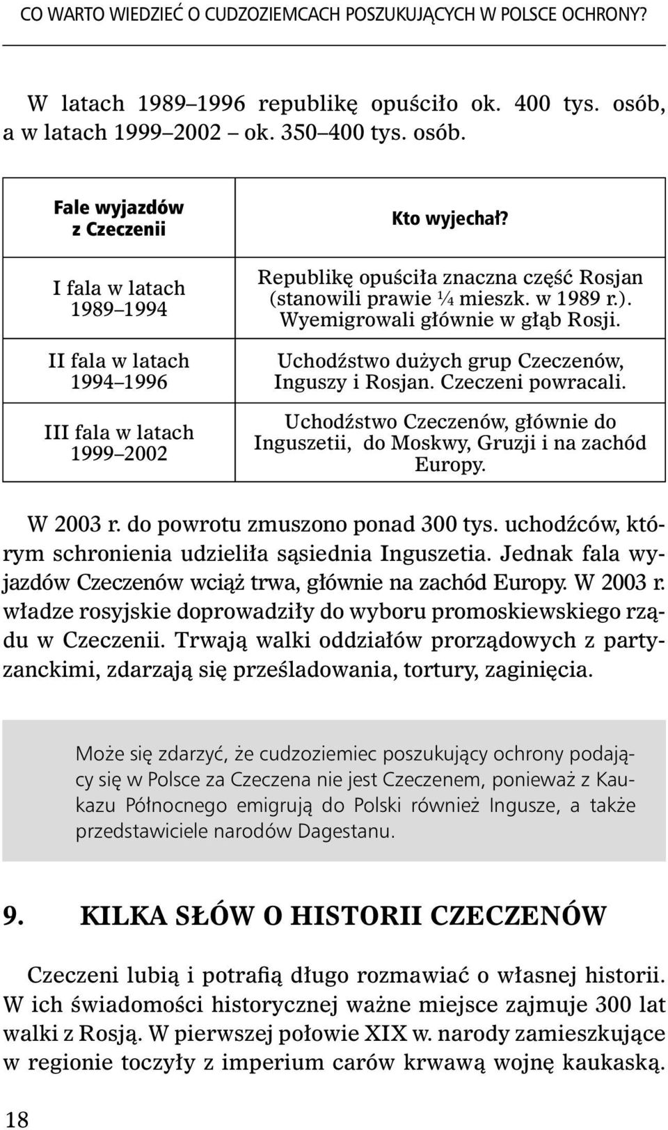 Republikę opuściła znaczna część Rosjan (stanowili prawie ¼ mieszk. w 1989 r.). Wyemigrowali głównie w głąb Rosji. Uchodźstwo dużych grup Czeczenów, Inguszy i Rosjan. Czeczeni powracali.