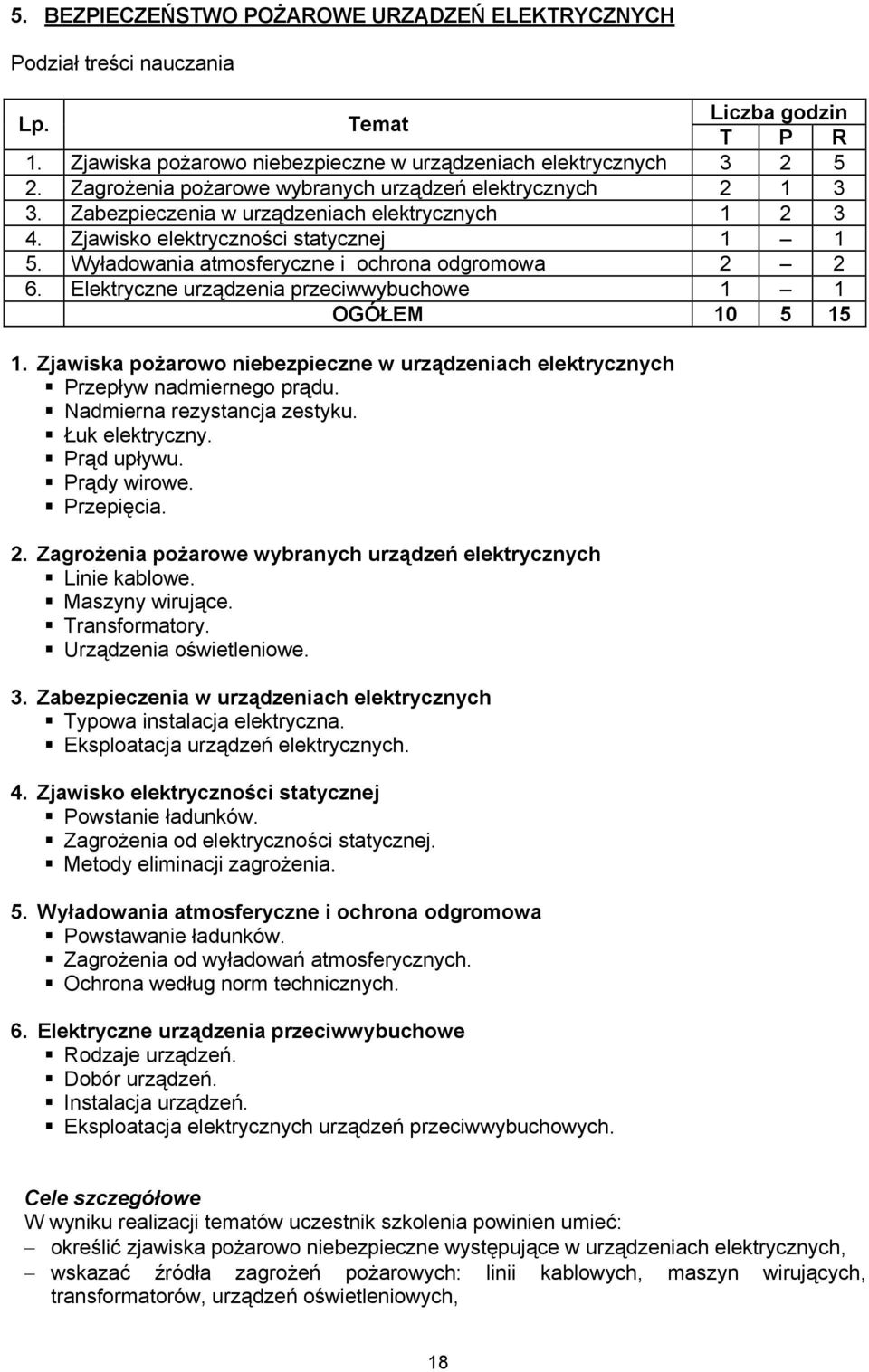 Wyładowania atmosferyczne i ochrona odgromowa 2 2 6. Elektryczne urządzenia przeciwwybuchowe 1 1 OGÓŁEM 10 5 15 1.