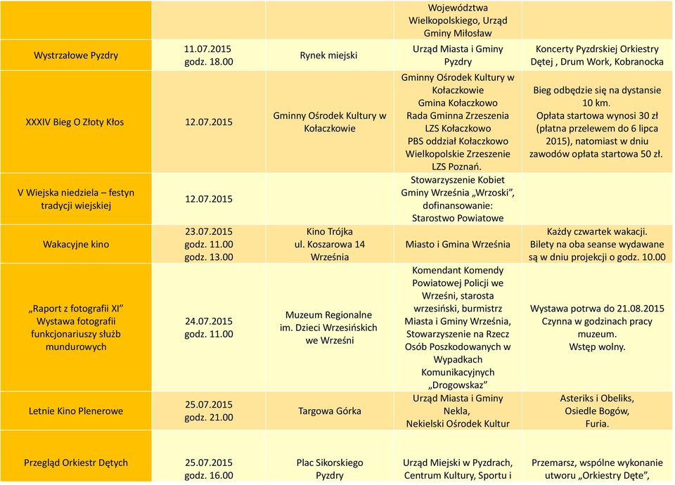 2015 V Wiejska niedziela festyn tradycji wiejskiej Wakacyjne kino Raport z fotografii XI Wystawa fotografii funkcjonariuszy służb mundurowych Letnie Kino Plenerowe 12.07.2015 23.07.2015 godz. 11.