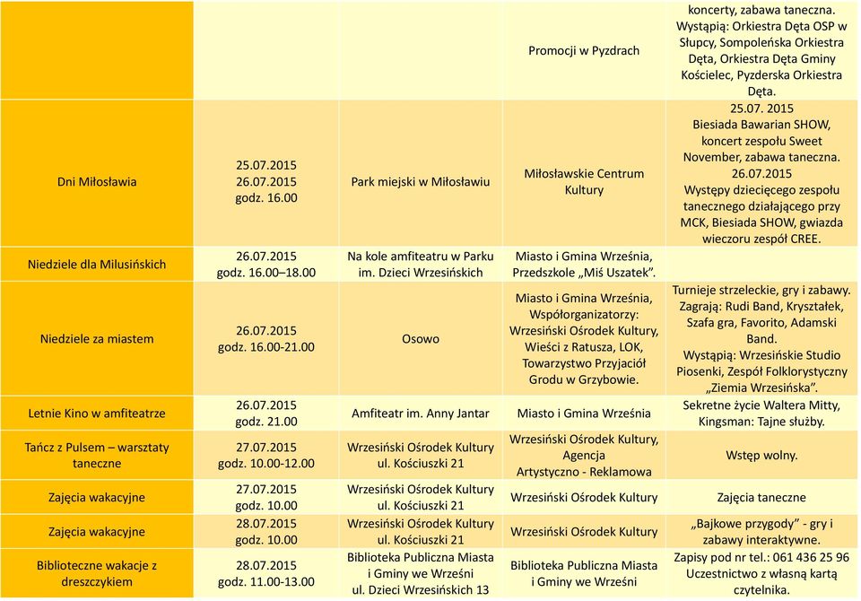 Anny Jantar i Gminy ul. Dzieci Wrzesińskich 13 Promocji w Pyzdrach Przedszkole Miś Uszatek., Wieści z Ratusza, LOK, Towarzystwo Przyjaciół Grodu w Grzybowie.