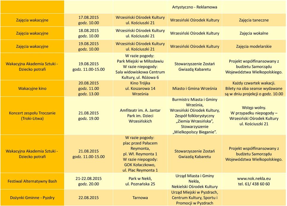 Różowa 6 Kino Trójka ul. Koszarowa 14 a Amfiteatr im. A. Jantar Park im. Dzieci Wrzesińskich W razie pogody: plac przed Pałacem Reymonta, pl. Wł. Reymonta 1 W razie niepogody: GOK Kołaczkowo, ul.