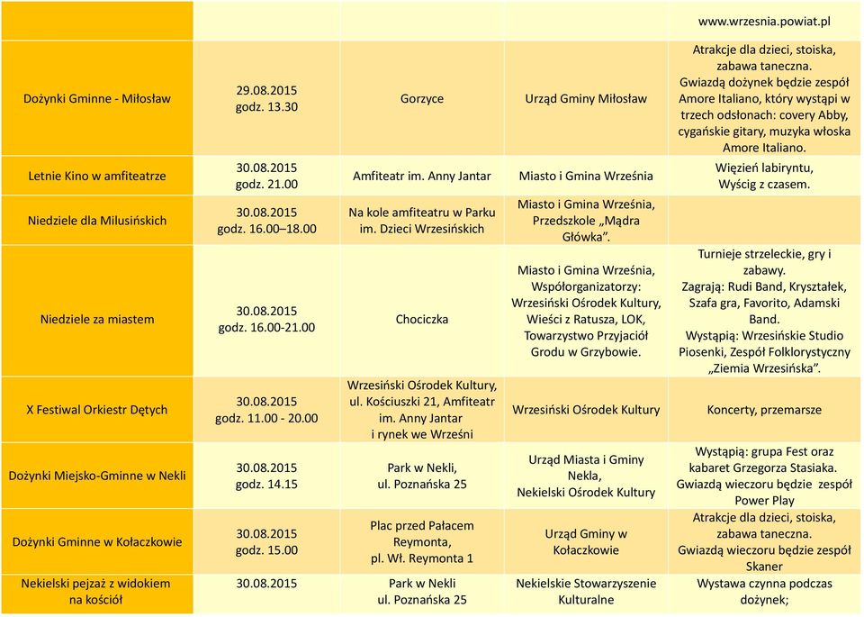 Letnie Kino w amfiteatrze Niedziele dla Milusińskich Niedziele za miastem X Festiwal Orkiestr Dętych Dożynki Miejsko-Gminne w Nekli Dożynki Gminne w Kołaczkowie Nekielski pejzaż z widokiem na kościół