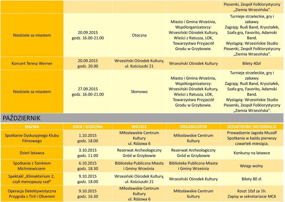 , Wieści z Ratusza, LOK, Towarzystwo Przyjaciół Grodu w Grzybowie. Turnieje strzeleckie, gry i zabawy. Zagrają: Rudi Band, Kryształek, Szafa gra, Favorito, Adamski Band.