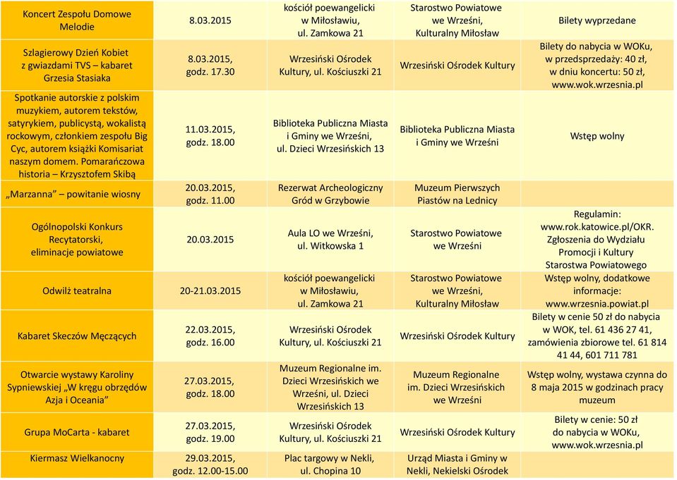 2015 8.03.2015, godz. 17.30 11.03.2015, 20.03.2015, godz. 11.00 20.03.2015 Odwilż teatralna 20-21.03.2015 Kabaret Skeczów Męczących Otwarcie wystawy Karoliny Sypniewskiej W kręgu obrzędów Azja i Oceania Grupa MoCarta - kabaret 22.