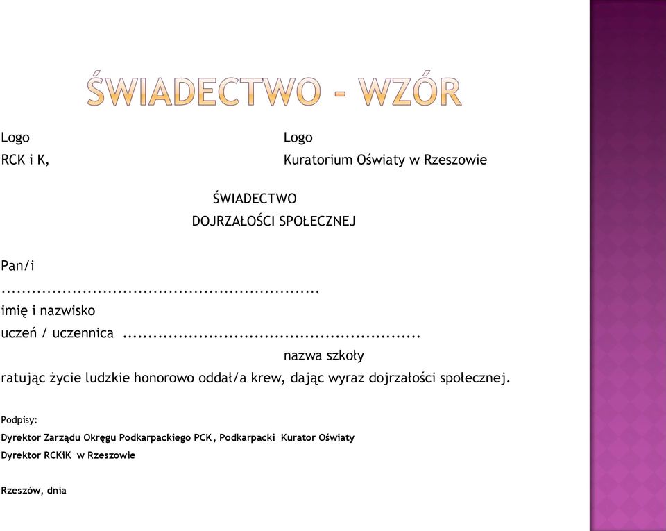 .. nazwa szkoły ratując życie ludzkie honorowo oddał/a krew, dając wyraz dojrzałości