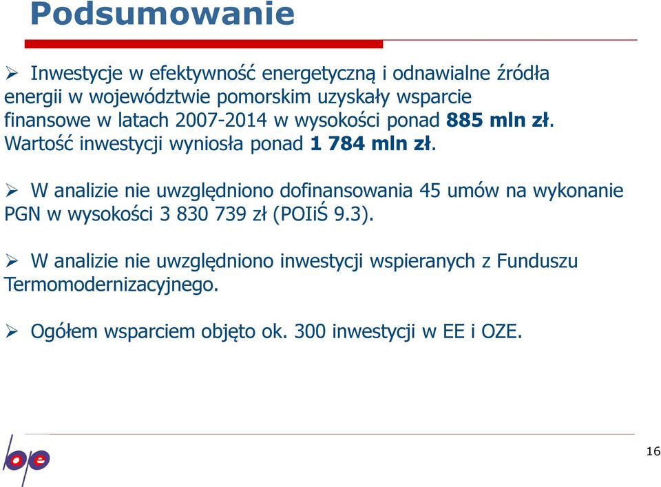 W analizie nie uwzględniono dofinansowania 45 umów na wykonanie PGN w wysokości 3 830 739 zł (POIiŚ 9.3).