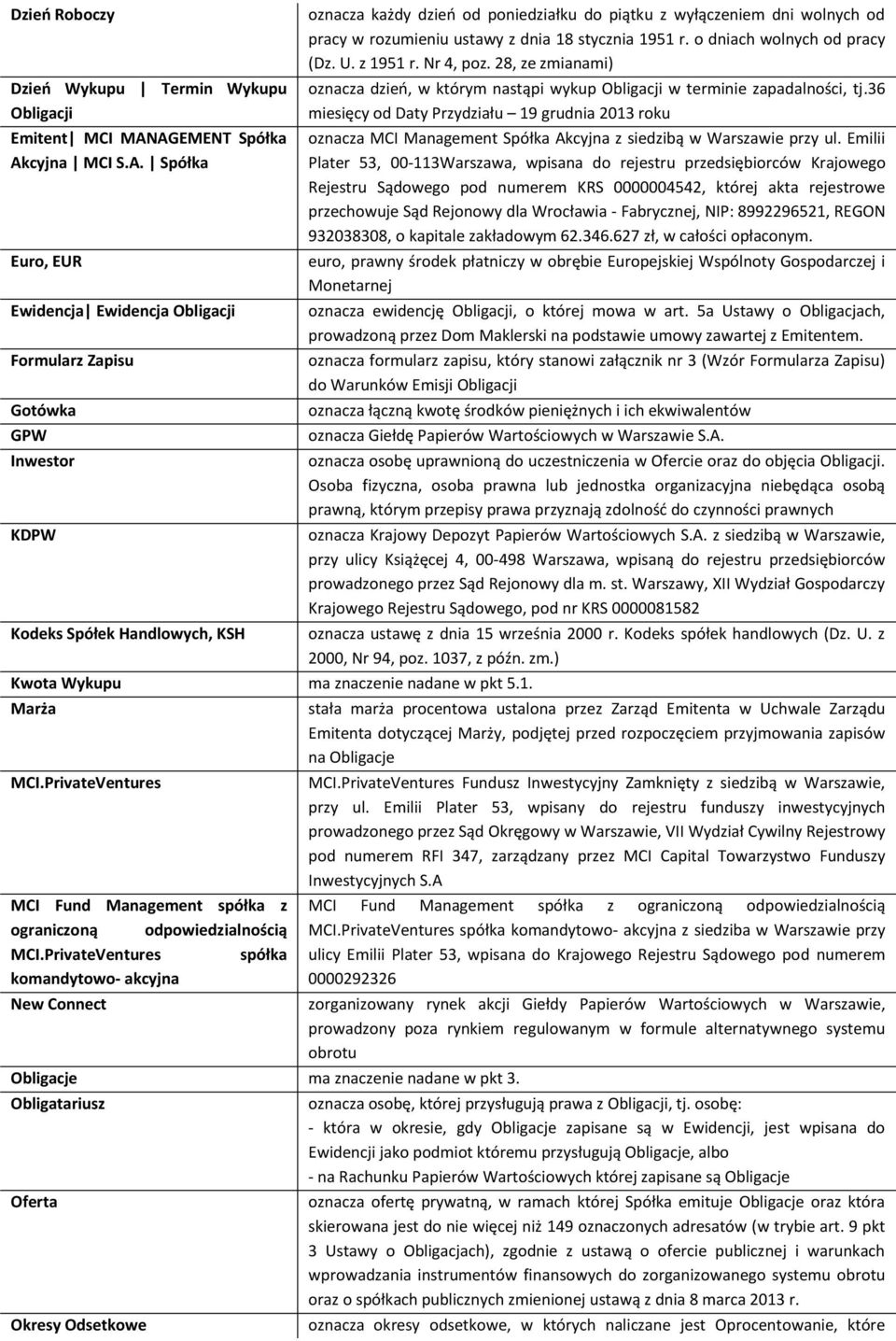 rozumieniu ustawy z dnia 18 stycznia 1951 r. o dniach wolnych od pracy (Dz. U. z 1951 r. Nr 4, poz. 28, ze zmianami) oznacza dzień, w którym nastąpi wykup Obligacji w terminie zapadalności, tj.