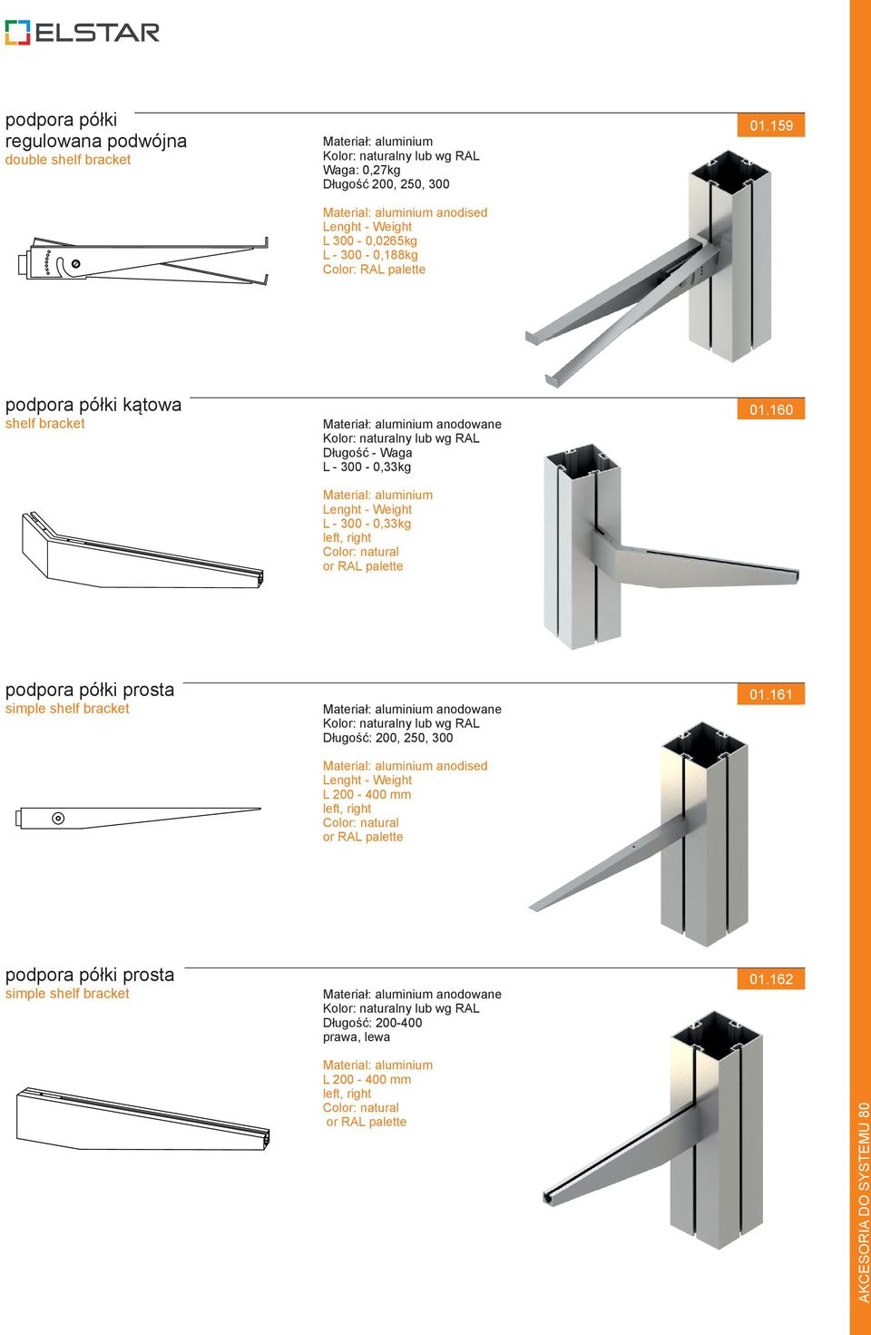160 anodowane Kolor: naturalny lub wg RAL Długość - Waga L - 300-0,33kg Lenght - Weight L - 300-0,33kg left, right Color: natural or RAL palette podpora półki prosta simple shelf bracket 01.