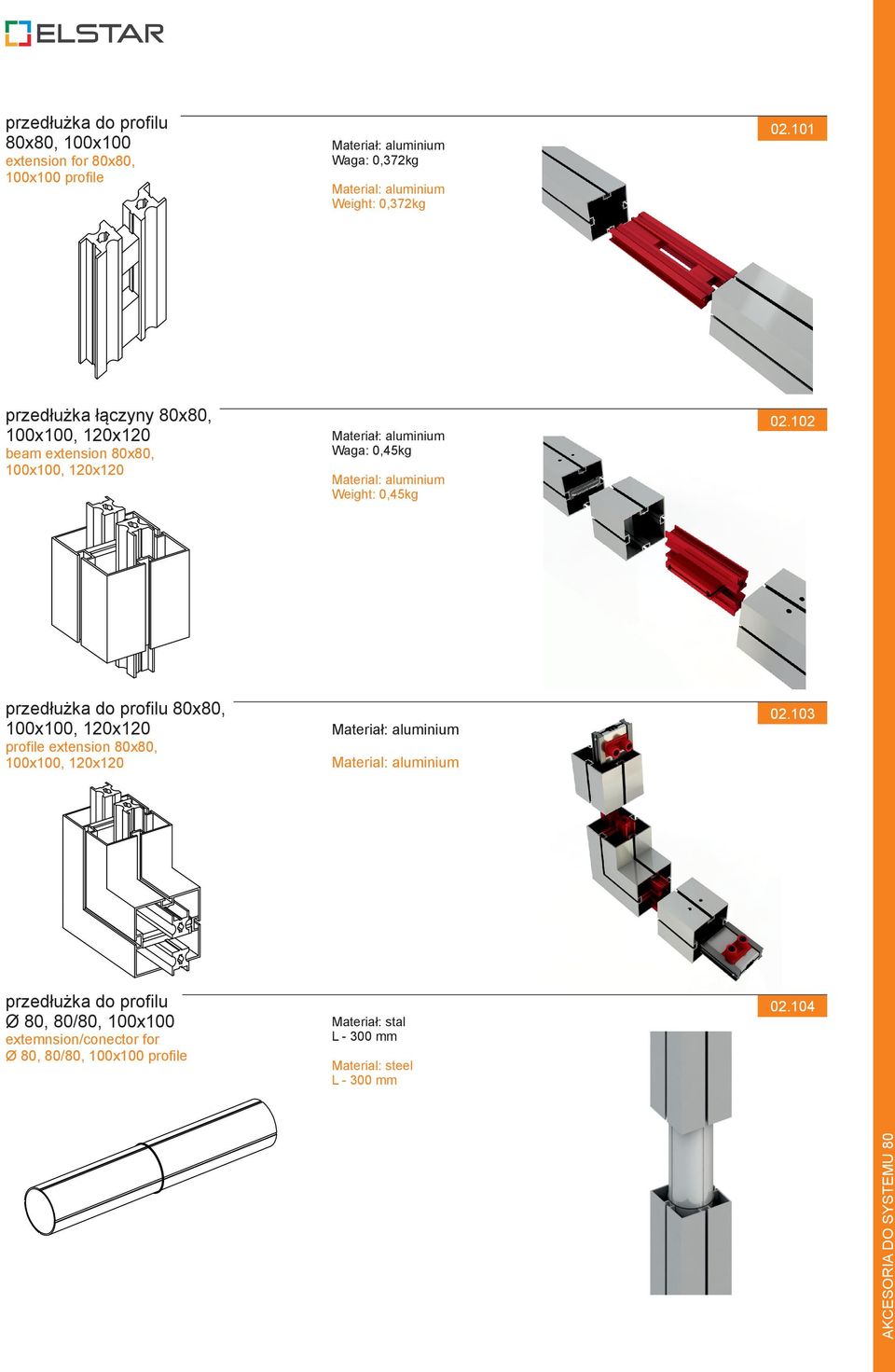 102 Waga: 0,45kg Weight: 0,45kg przedłużka do profilu 80x80, 100x100, 120x120 profile extension 80x80, 100x100, 120x120