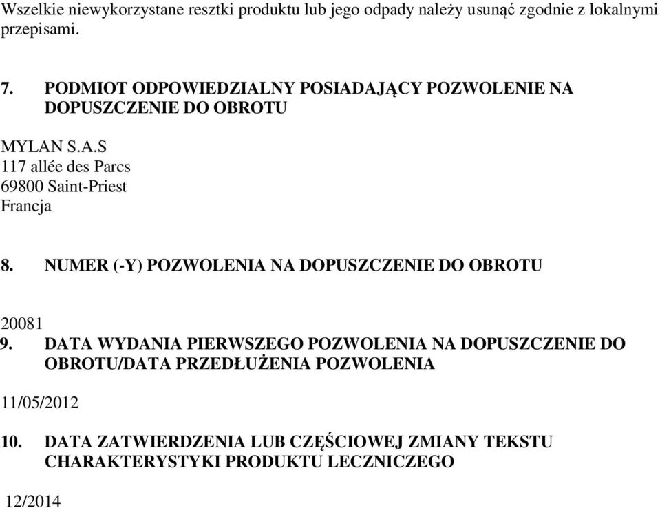 NUMER (-Y) POZWOLENIA NA DOPUSZCZENIE DO OBROTU 20081 9.