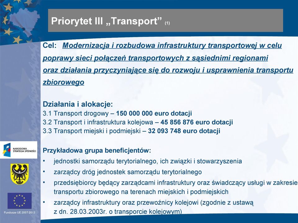 3 Transport miejski i podmiejski 32 093 748 euro dotacji Przykładowa grupa beneficjentów: jednostki samorządu terytorialnego, ich związki i stowarzyszenia zarządcy dróg jednostek samorządu