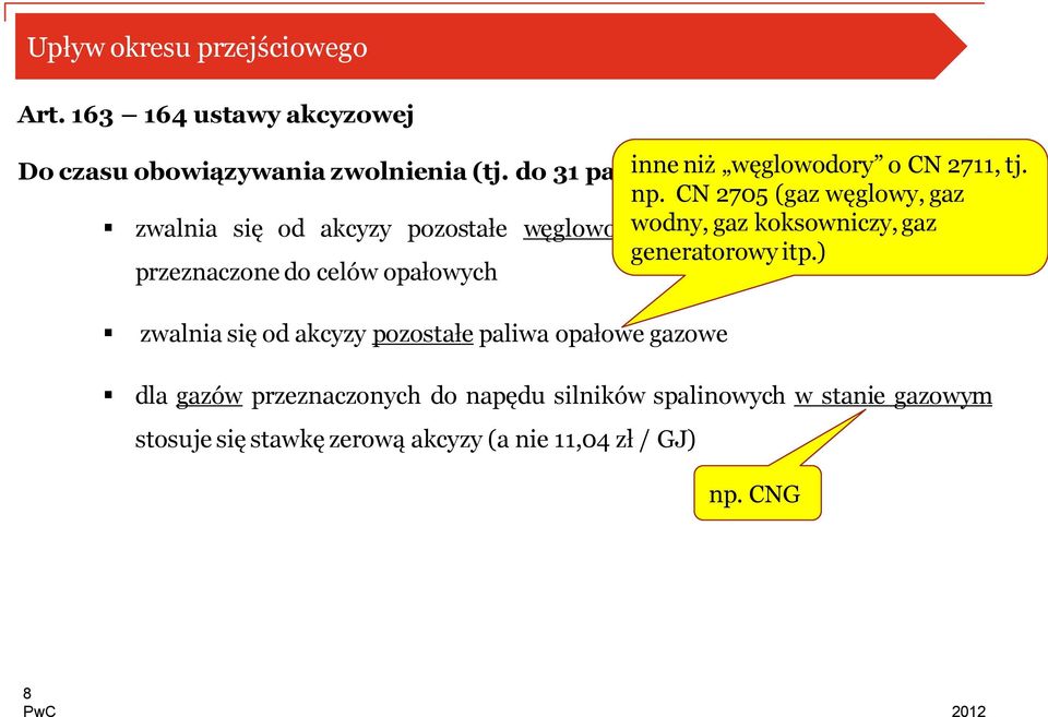 CN 2705 (gaz węglowy, gaz zwalnia się od akcyzy pozostałe węglowodory wodny, gazowe koksowniczy, o CN 2711 gaz 29 00, generatorowy