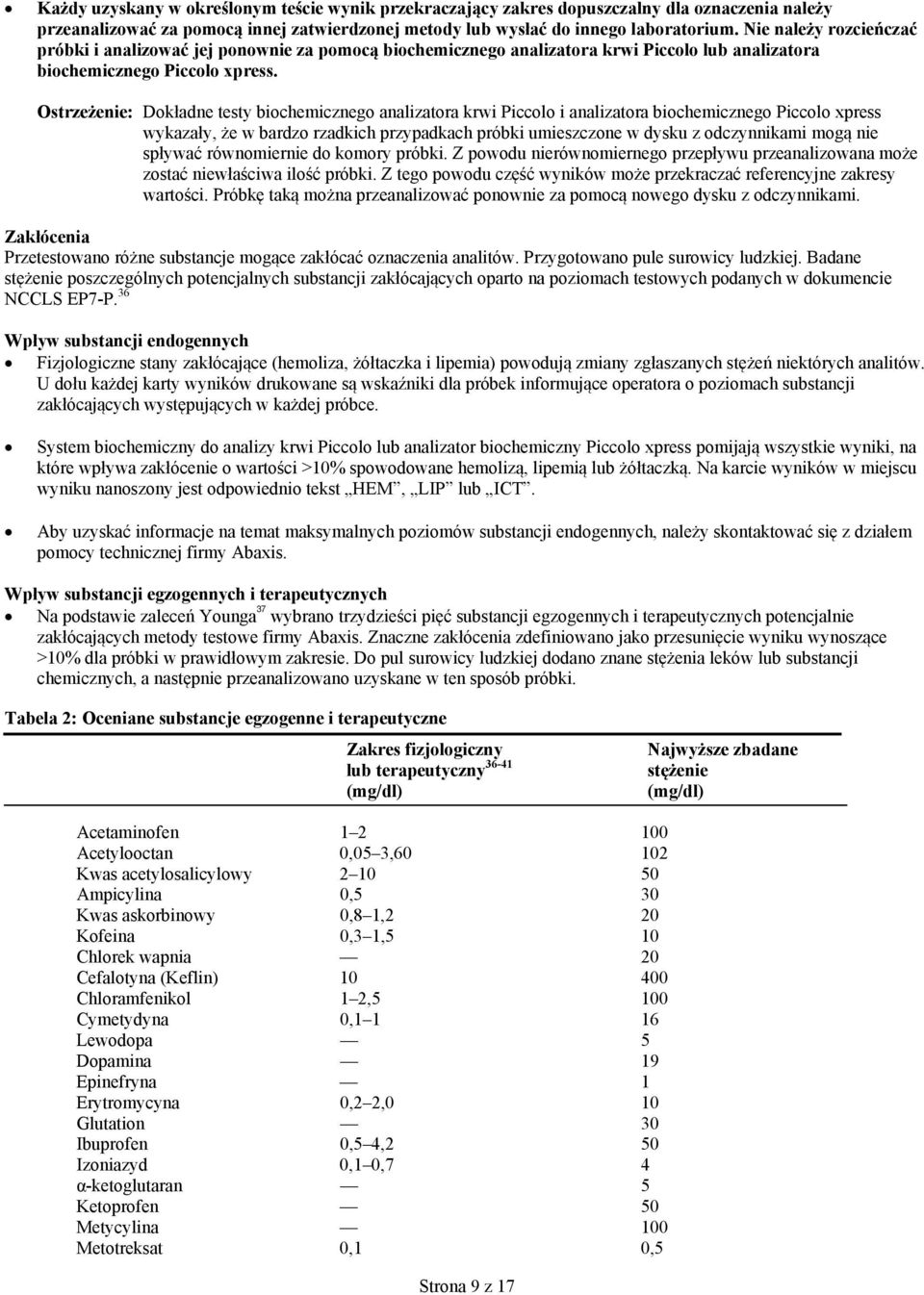 Ostrzeżenie: Dokładne testy biochemicznego analizatora krwi Piccolo i analizatora biochemicznego Piccolo xpress wykazały, że w bardzo rzadkich przypadkach próbki umieszczone w dysku z odczynnikami