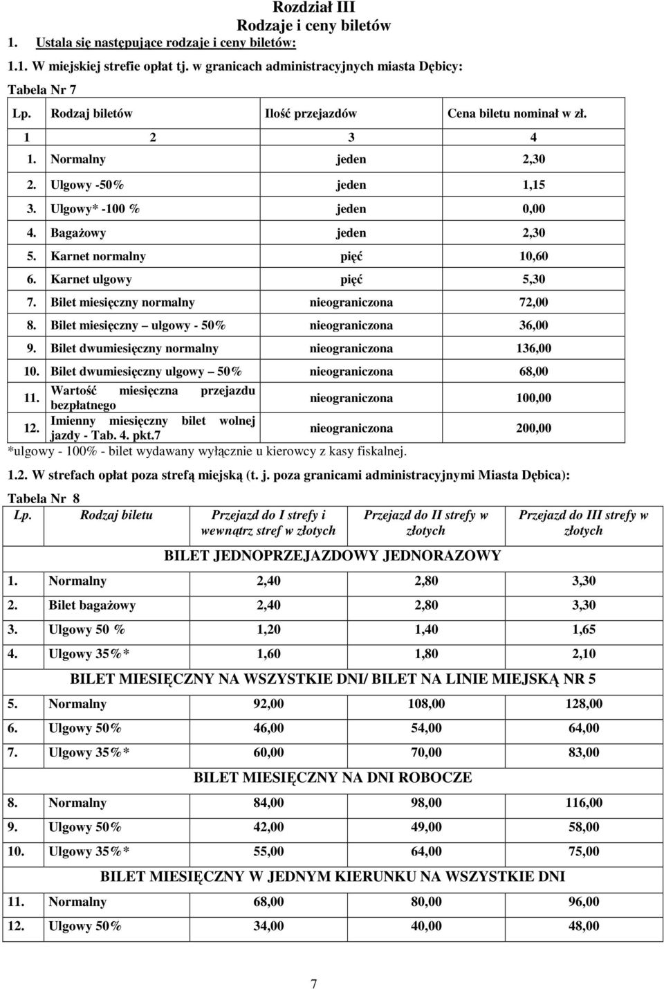 BagaŜowy jeden 2,30 5. Karnet normalny pięć 10,60 6. Karnet ulgowy pięć 5,30 7. Bilet miesięczny normalny nieograniczona 72,00 8. Bilet miesięczny ulgowy - 50% nieograniczona 36,00 9.