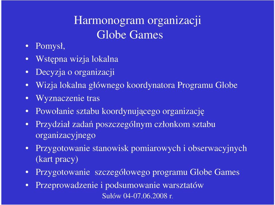 Przydział zadań poszczególnym członkom sztabu organizacyjnego Przygotowanie stanowisk pomiarowych i