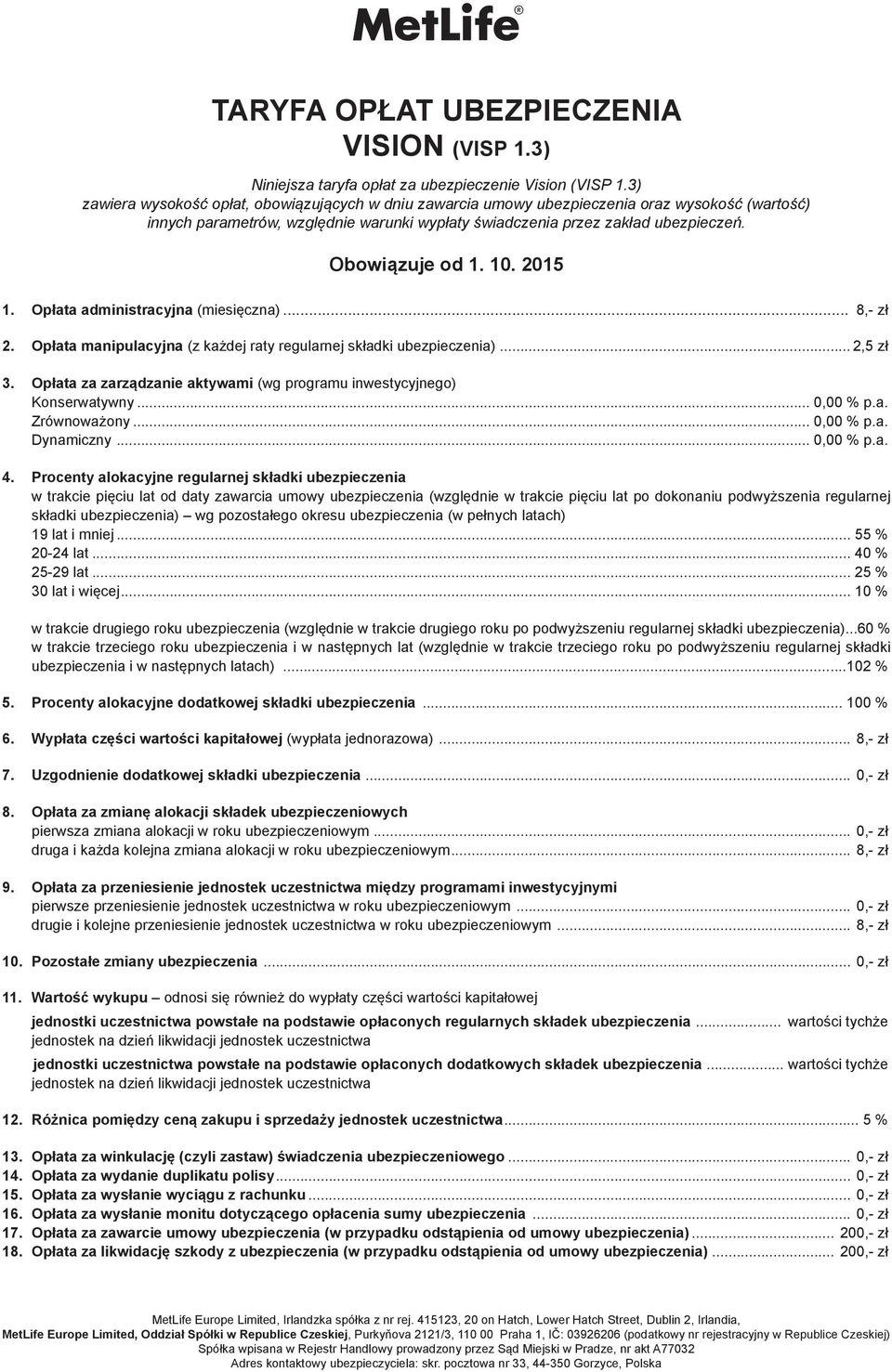 Obowiązuje od 1. 10. 2015 1. Opłata administracyjna ()... 8,- zł 2. Opłata manipulacyjna (z każdej raty regularnej składki ubezpieczenia)... 2,5 zł 3.