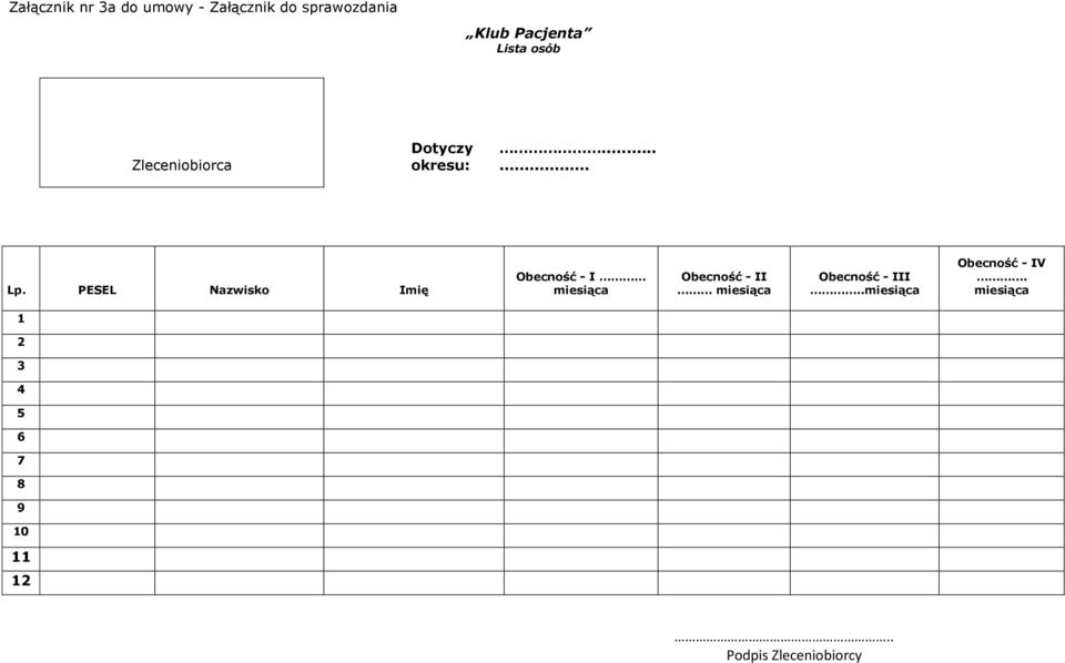 PESEL Nazwisko Imię Obecność - I miesiąca Obecność - II miesiąca