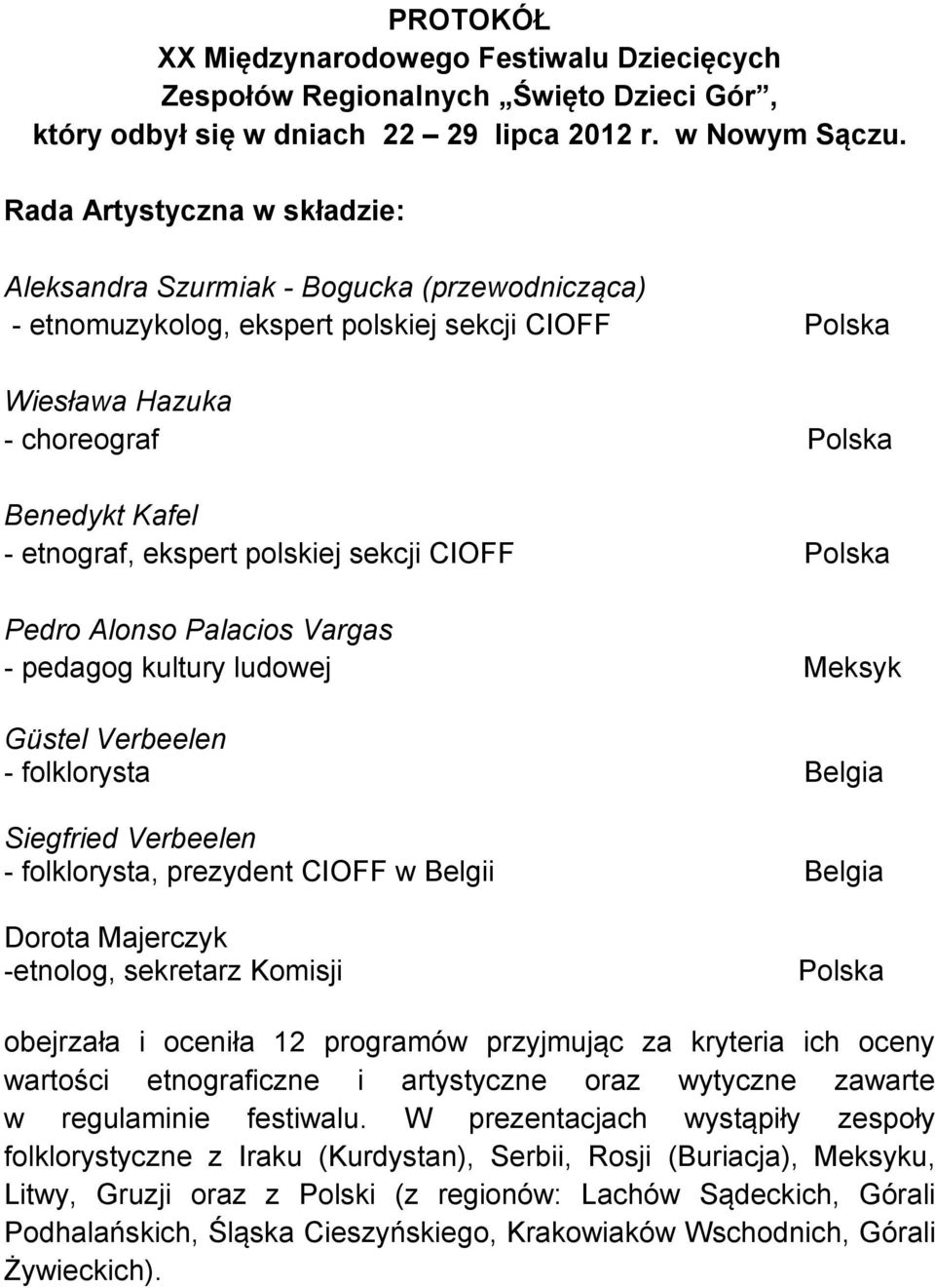 ekspert polskiej sekcji CIOFF Polska Pedro Alonso Palacios Vargas - pedagog kultury ludowej Meksyk Güstel Verbeelen - folklorysta Belgia Siegfried Verbeelen - folklorysta, prezydent CIOFF w Belgii