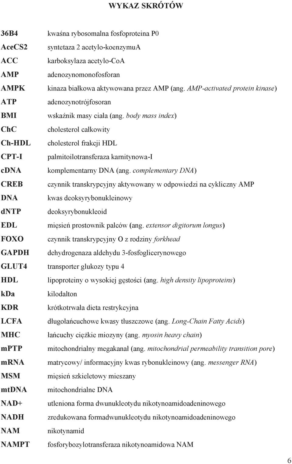 body mass index) ChC cholesterol całkowity Ch-HDL cholesterol frakcji HDL CPT-I palmitoilotransferaza karnitynowa-i cdna komplementarny DNA (ang.