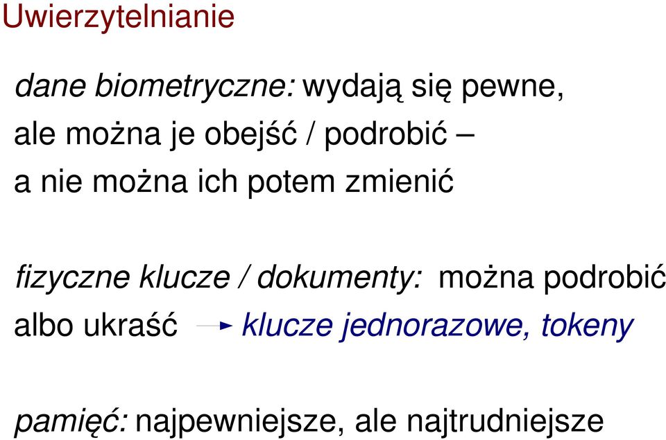fizyczne klucze / dokumenty: można podrobić albo ukraść