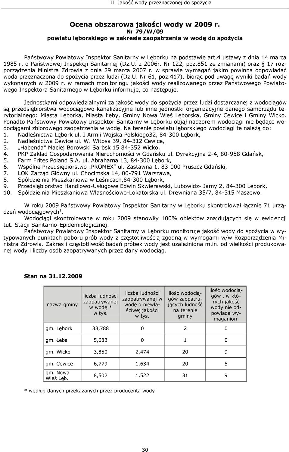 w sprawie wymagań jakim powinna odpowiadać woda przeznaczona (Dz.U. Nr 61, poz.417), biorąc pod uwagę wyniki badań wody wykonanych w 2009 r.