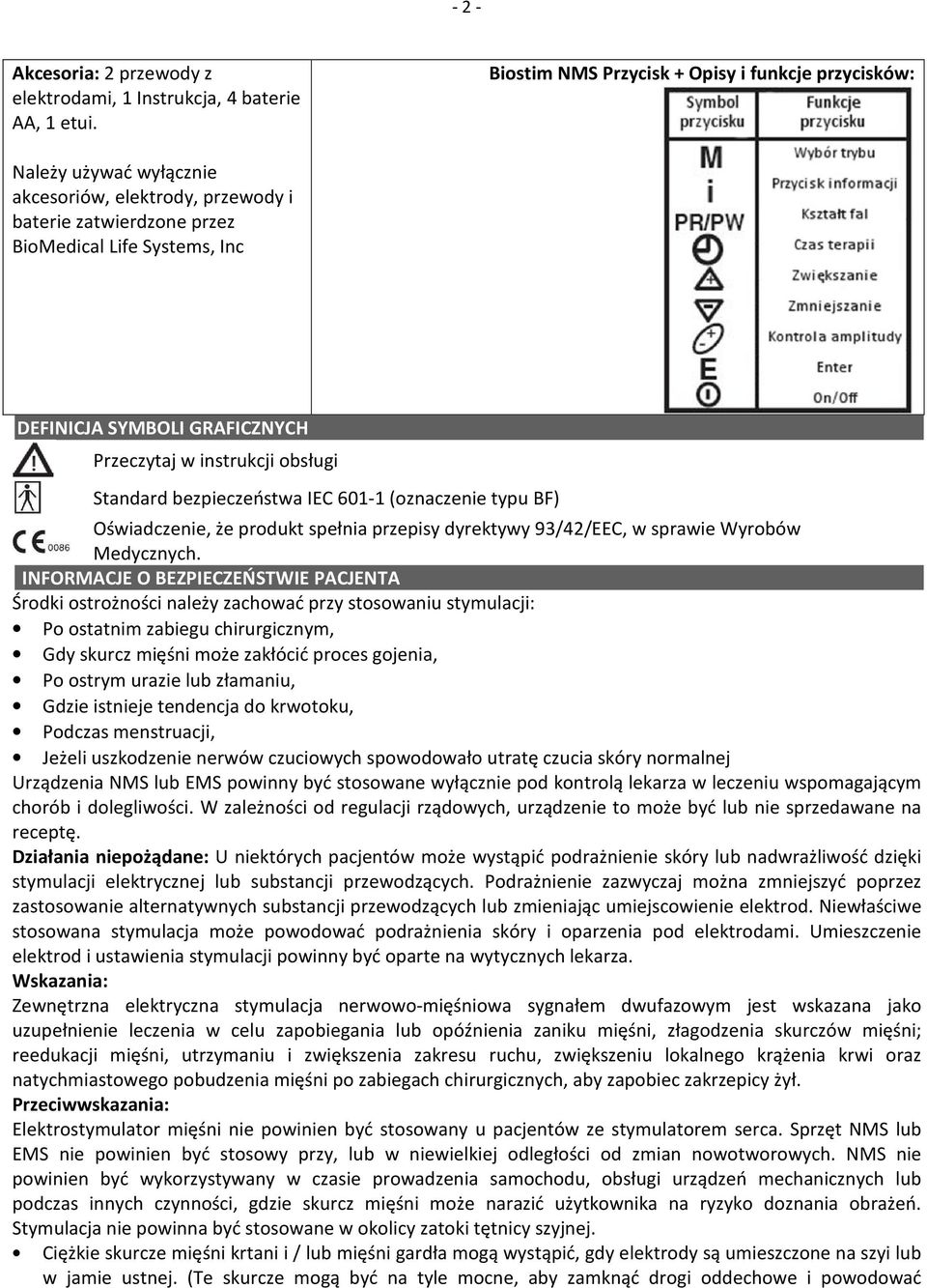 Przeczytaj w instrukcji obsługi Standard bezpieczeństwa IEC 601-1 (oznaczenie typu BF) Oświadczenie, że produkt spełnia przepisy dyrektywy 93/42/EEC, w sprawie Wyrobów Medycznych.