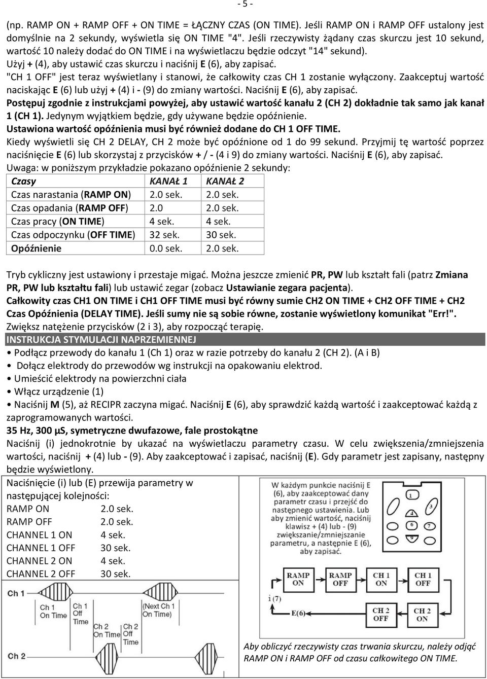 Użyj + (4), aby ustawić czas skurczu i naciśnij E (6), aby zapisać. "CH 1 OFF" jest teraz wyświetlany i stanowi, że całkowity czas CH 1 zostanie wyłączony.