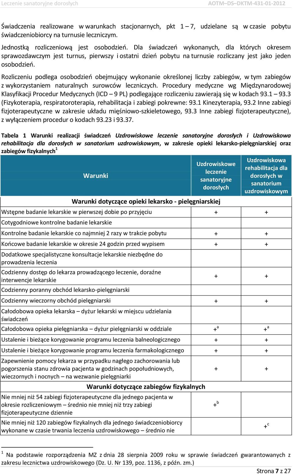 Rozliczeniu podlega osobodzień obejmujący wykonanie określonej liczby zabiegów, w tym zabiegów z wykorzystaniem naturalnych surowców leczniczych.