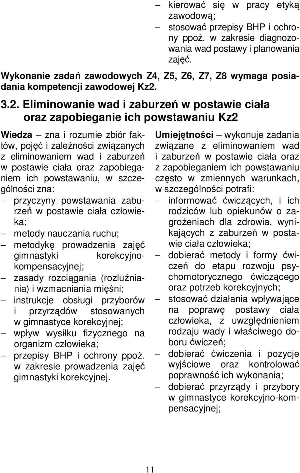 3.2. Eliminowanie wad i zaburzeń w postawie ciała oraz zapobieganie ich powstawaniu Kz2 Wiedza zna i rozumie zbiór faktów, pojęć i zależności związanych z eliminowaniem wad i zaburzeń w postawie