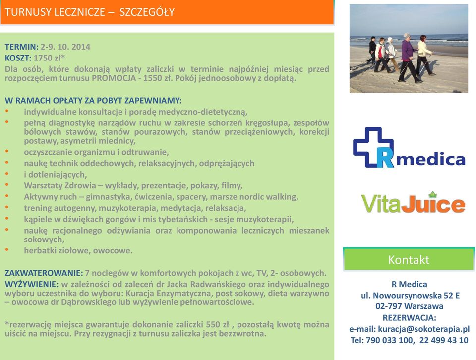 W RAMACH OPŁATY ZA POBYT ZAPEWNIAMY: indywidualne konsultacje i poradę medyczno-dietetyczną, pełną diagnostykę narządów ruchu w zakresie schorzeń kręgosłupa, zespołów bólowych stawów, stanów