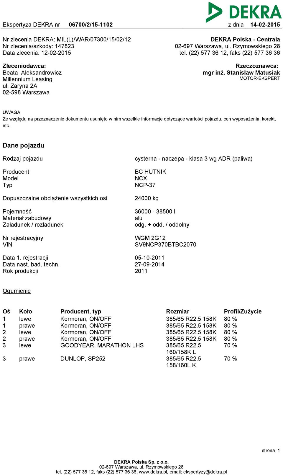 Stanisław Matusiak MOTOR-EKSPERT UWAGA: Ze względu na przeznaczenie dokumentu usunięto w nim wszelkie informacje dotyczące wartości pojazdu, cen wyposażenia, korekt, etc.